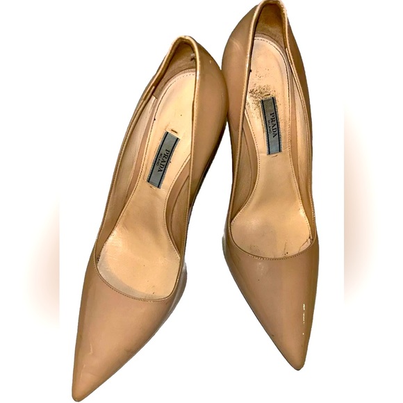 PRADA Shoes Size 8.5 Beige Stiletto Heels Patent Saffiano Leather Pumps Milano - Picture 1 of 10